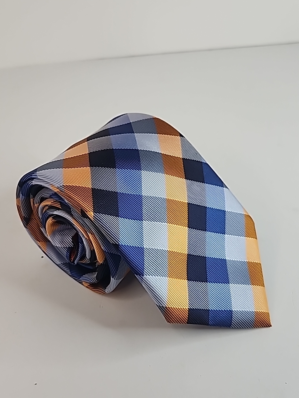 John Sparks Mens Tie Checked Plaid Blue and Orange